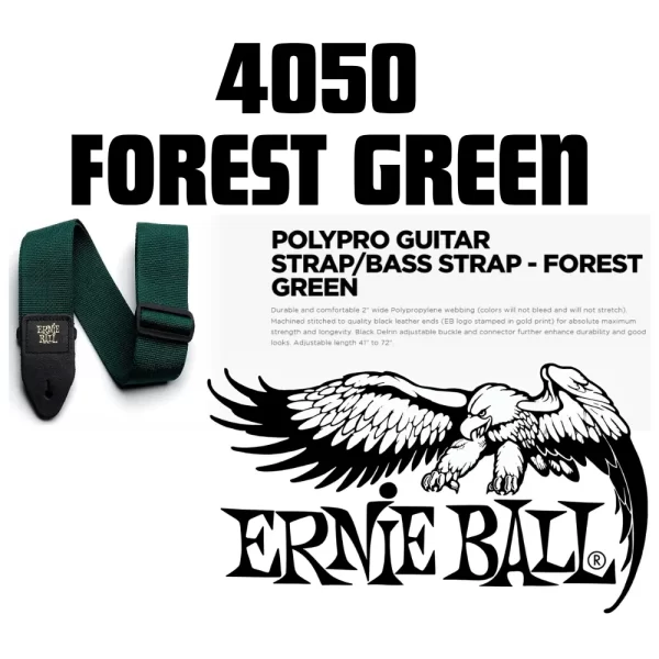 FOREST GREEN Guitar & Bass Strap w/Black Leather ends Ernie Ball 4050 Polypro - Image 3