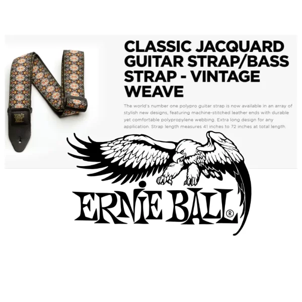 4094 Ernie Ball Guitar Strap / Bass Strap Vintage Weave Jacquard W-Leather Ends - Image 3