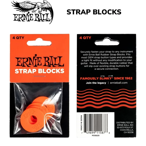 5620 Ernie Ball Guitar Strap Blocks Locks 4 Electric-Bass-Acoustic RED ORANGE