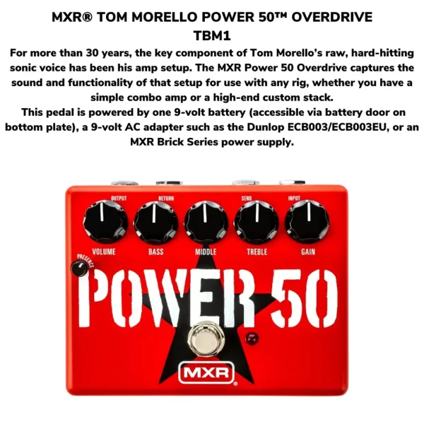 MXR TBM1 Tom Morello Power 50 Overdrive Guitar Effects Pedal W/Cables - Image 3