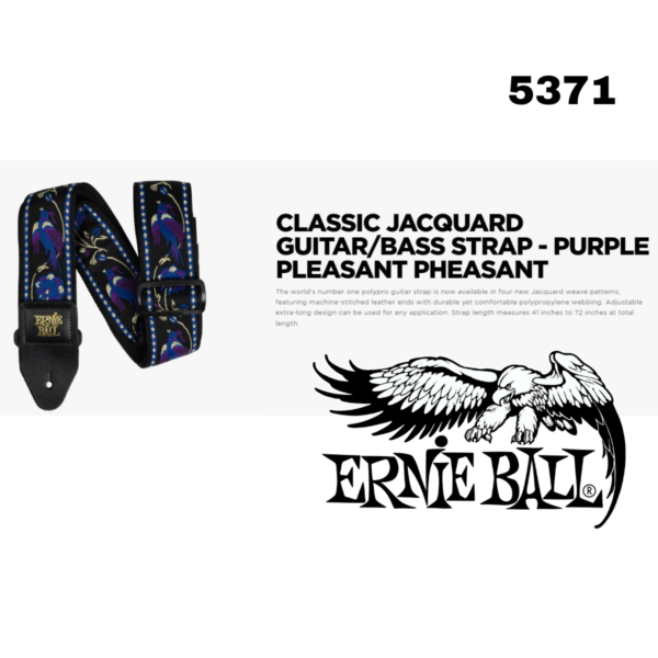 Purple Pleasant Pheasant Ernie Ball Guitar Strap / Bass Strap Jacquard W-Leather Ends 5371 - Image 3