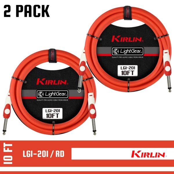 Kirlin 10 FT Guitar LightGear Instrument Cable RED STRAIGHT/SAME LGI-201/RD 2 PACK