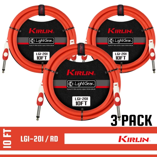 Kirlin 10 FT Guitar LightGear Instrument Cable RED STRAIGHT/SAME LGI-201/RD 3 PACK