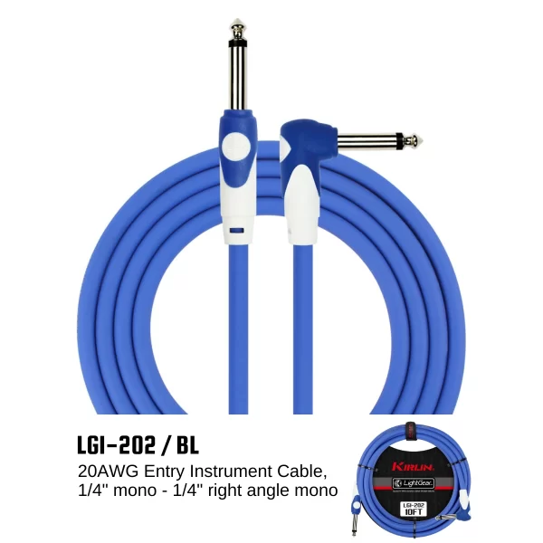 Kirlin 10FT 1/4" STRAIGHT /RT Angle BLUE Guitar Instrument Cable LGI-202/BL 3 PACK - Image 2