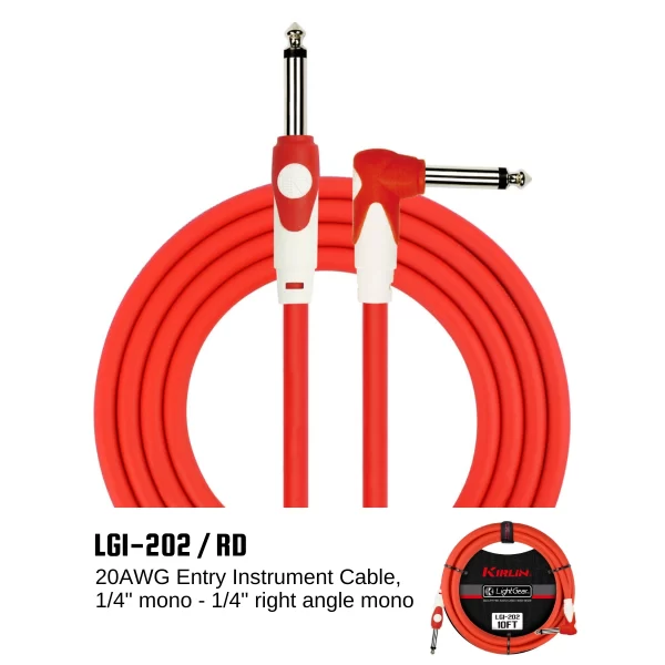 Kirlin 10FT 1/4" ST. /RT Angle RED Guitar Instrument Cable LGI-202/RD 6 PACK - Image 2