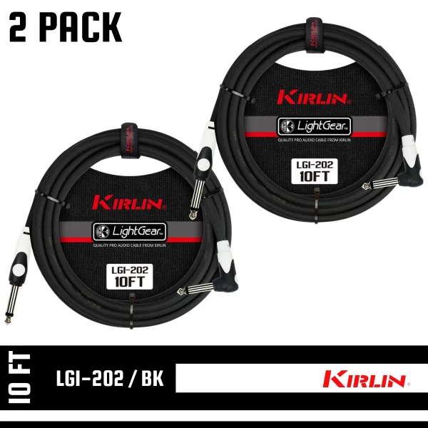 Kirlin 10FT 1/4" Straight /RT Angle BLACK Guitar Instrument Cable LGI-202/BK 2 PACK