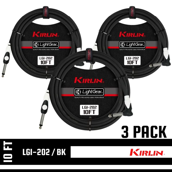 Kirlin 10FT 1/4" Straight /RT Angle BLACK Guitar Instrument Cable LGI-202/BK 3 PACK