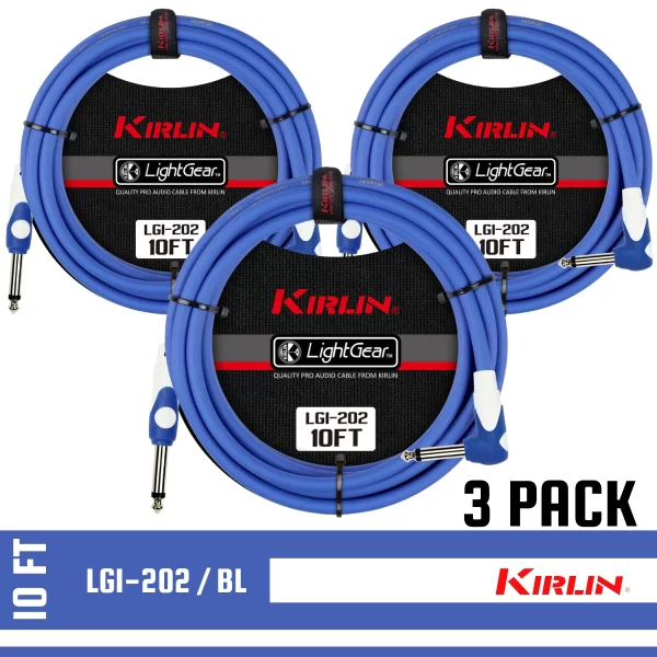 Kirlin 10FT 1/4" STRAIGHT /RT Angle BLUE Guitar Instrument Cable LGI-202/BL 3 PACK