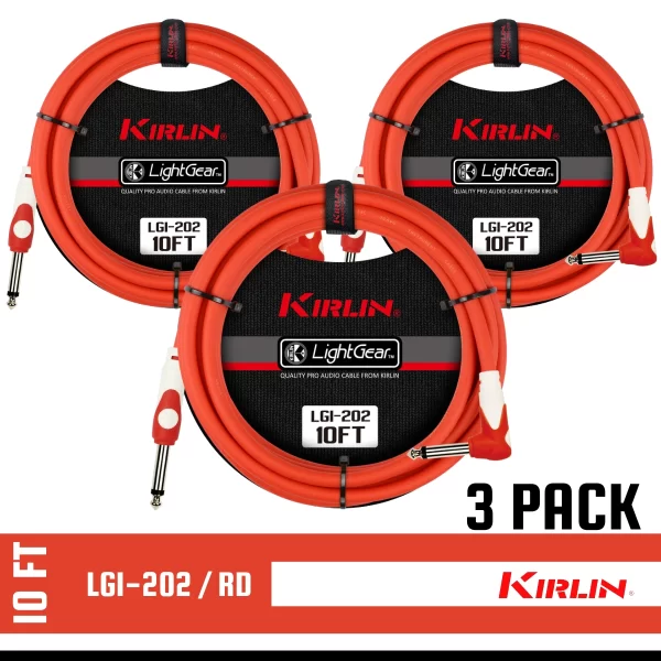 Kirlin 10FT 1/4" ST. /RT Angle RED Guitar Instrument Cable LGI-202/RD 3 PACK