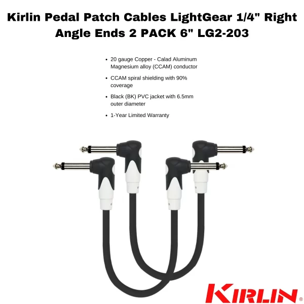 KIRLIN 2PCS/PK Pedal/Patch Cable 1/4" Right Angle Ends LG2-203-6''/BK - Image 7